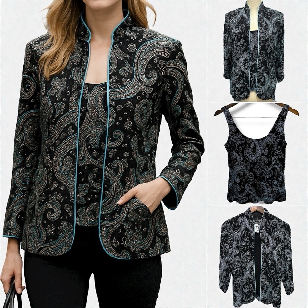 419 Alex Evenings|NWOT 2Piece Tank & Jacket Black Metallic Paisley Teal Trim (S)